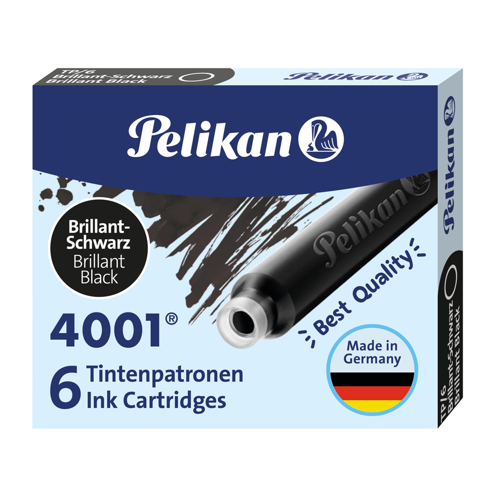 Cartucho de Tinta Corto para Pluma Estilográfica Pelikan TP/6 Tinta 4001 Color Negro Brillante, 6 unidades por caja