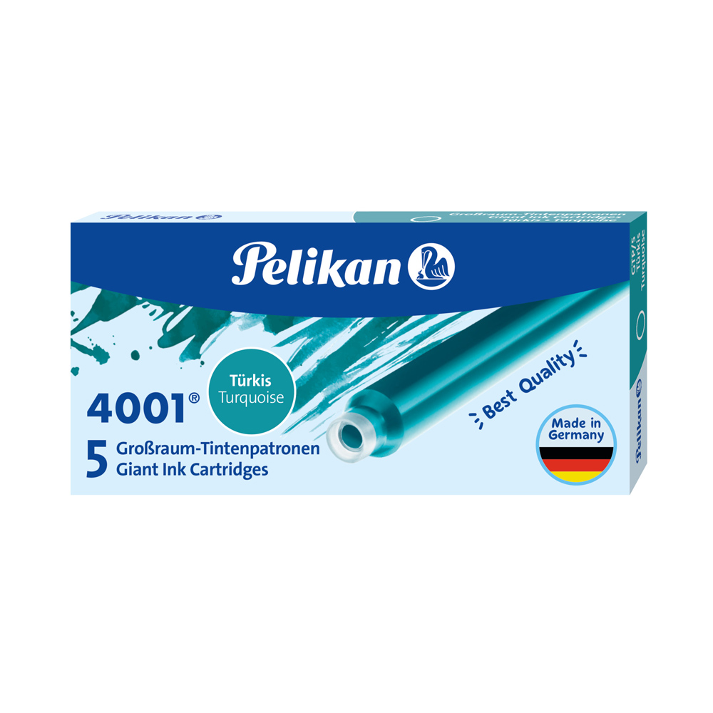 Cartucho de Tinta Largo para Pluma Pelikan GTP/5 Tinta 4001 Color Turquesa, en estuche de 5 unidades